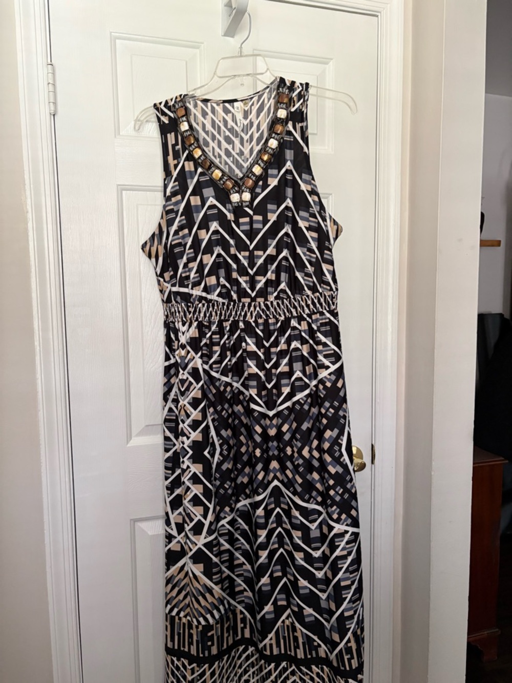 Sleeveless Geometric Maxi Dress with Beaded Neckline